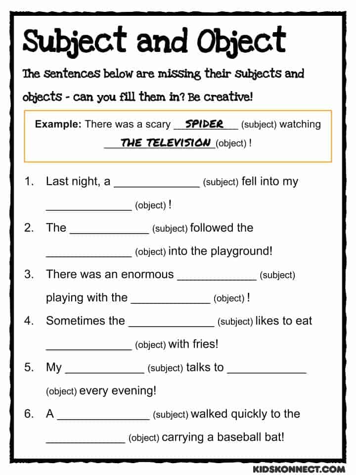 Subject Object Study Worksheet Common Core 