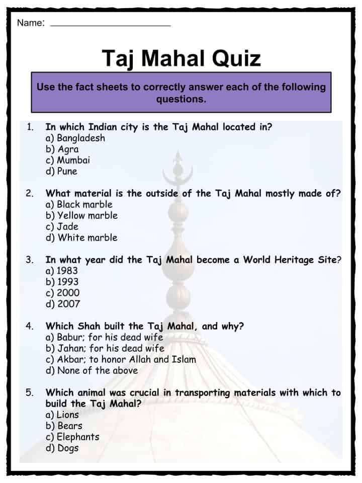 Taj Mahal Facts Worksheets History Religion Tourism For Kids