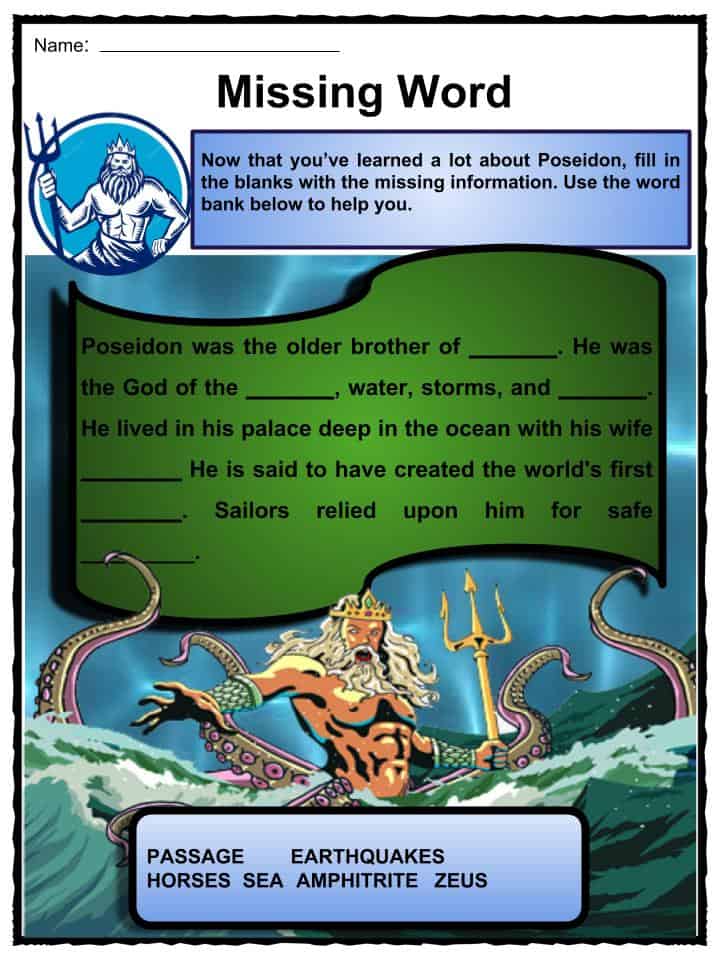 Poseidon Facts Worksheets Traits Symbols God Status For Kids