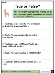 Machu Picchu & Urubamba Valley Facts & Worksheets For Kids