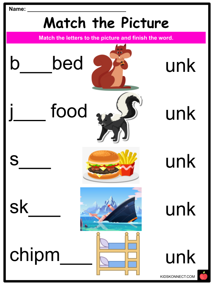 Phonics ‘UNK’ Sounds Worksheets & Activities | KidsKonnect
