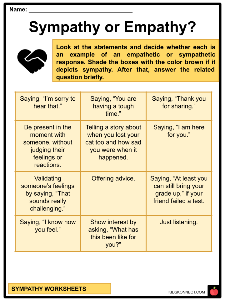 Sympathy worksheets: Sympathy or empathy