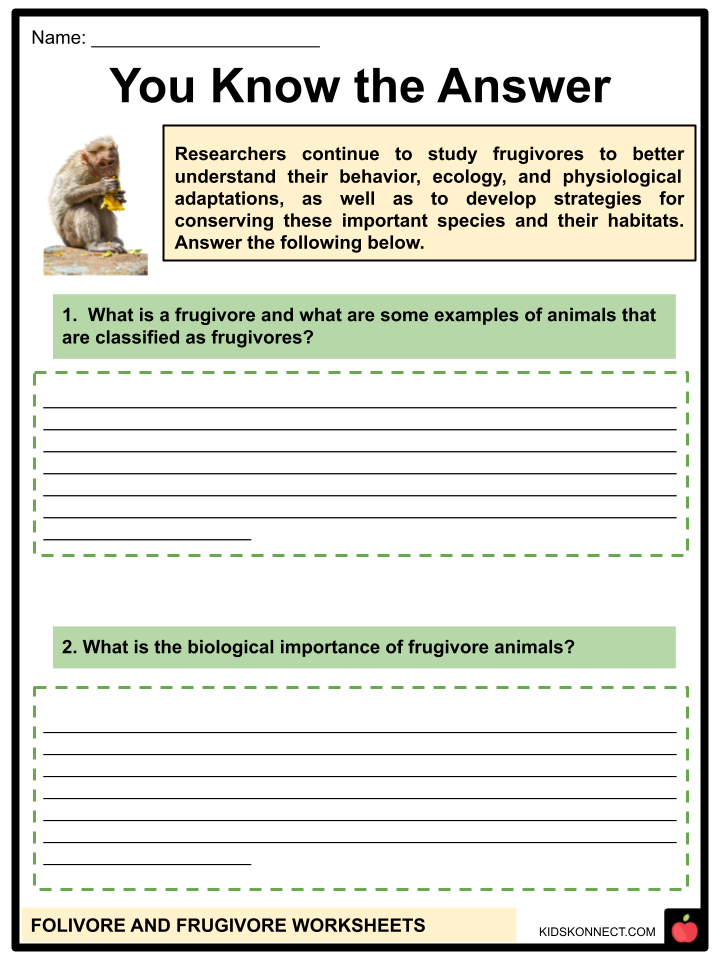 Folivore and Frugivore Worksheets