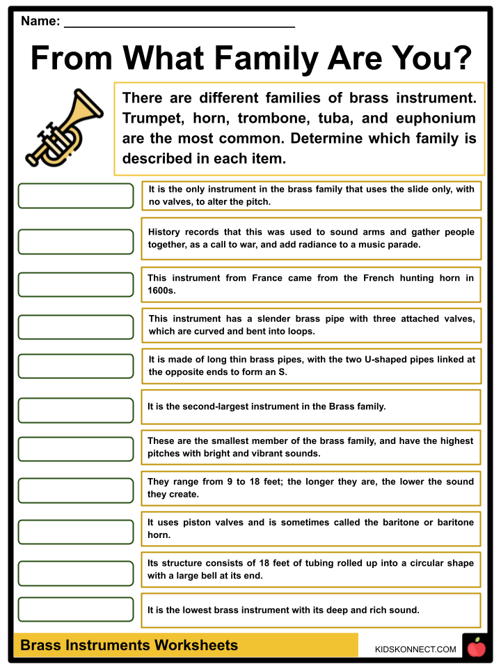 Brass Instruments Worksheets  Types, Famous Musicians, History