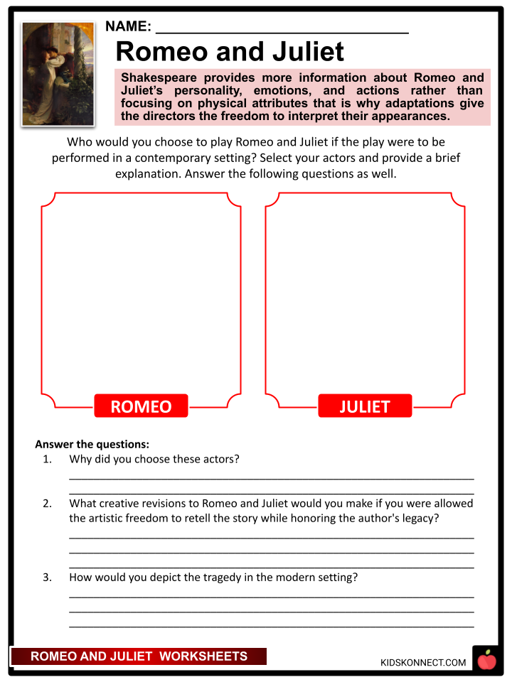 Romeo and Juliet Worksheets | Plot, Summary, Theme, Characters